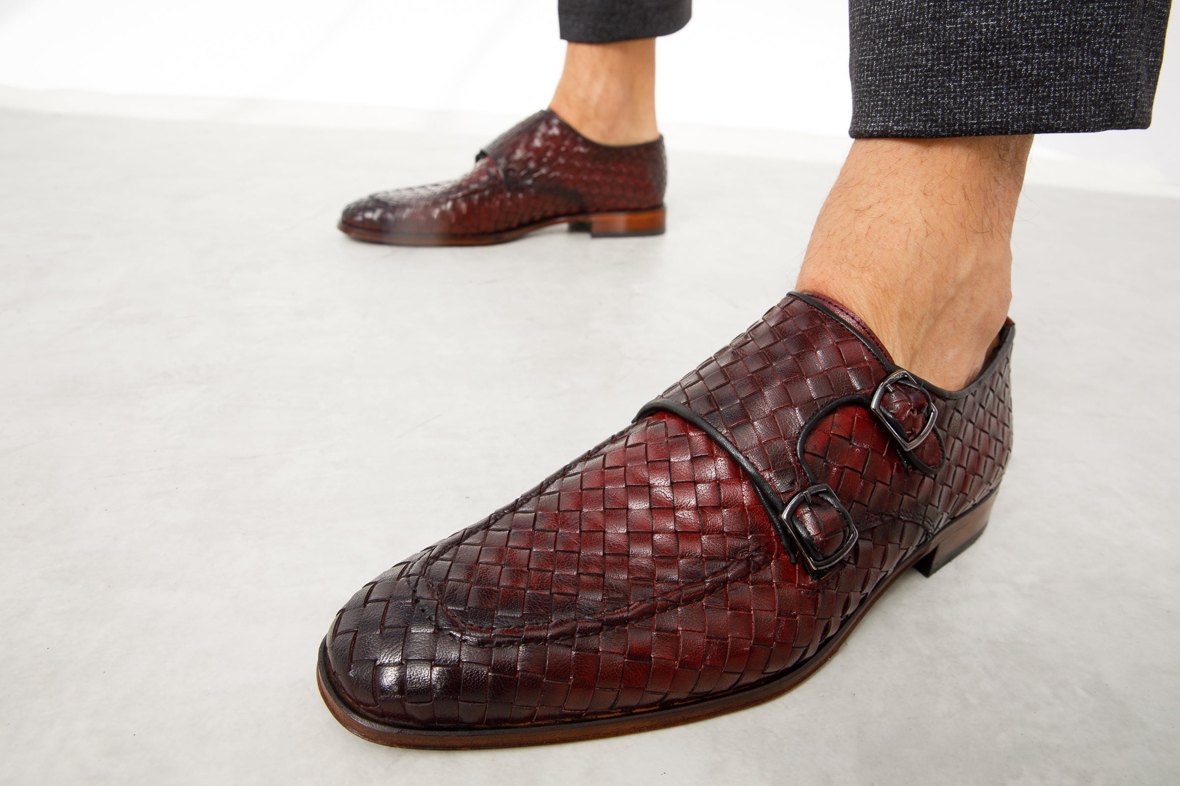 The Turan Burgundy Woven Double Monk Strap Dress Men Shoe
