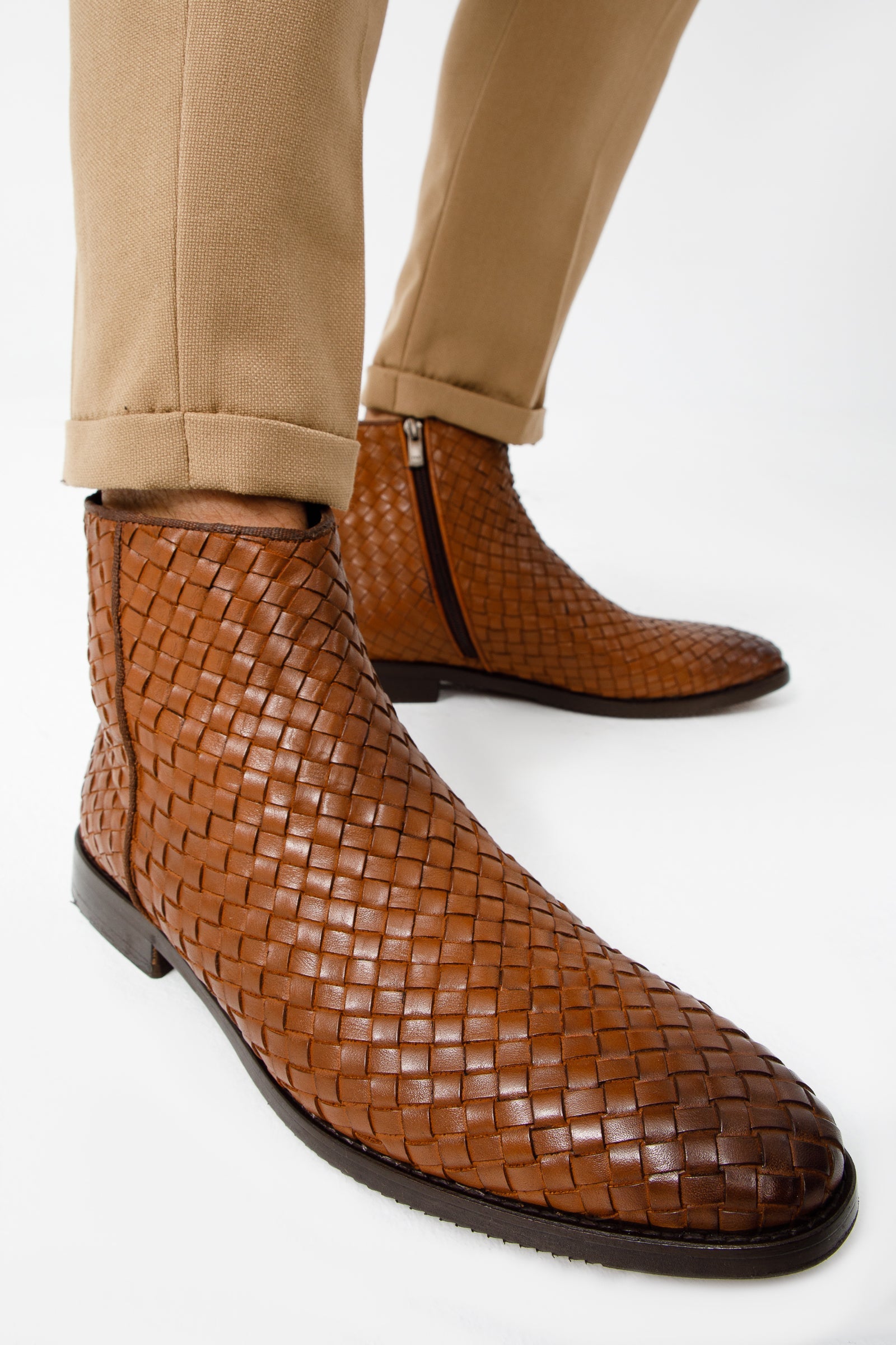 The Wellington Tan Handwoven Leather Men Boot with a Zipper
