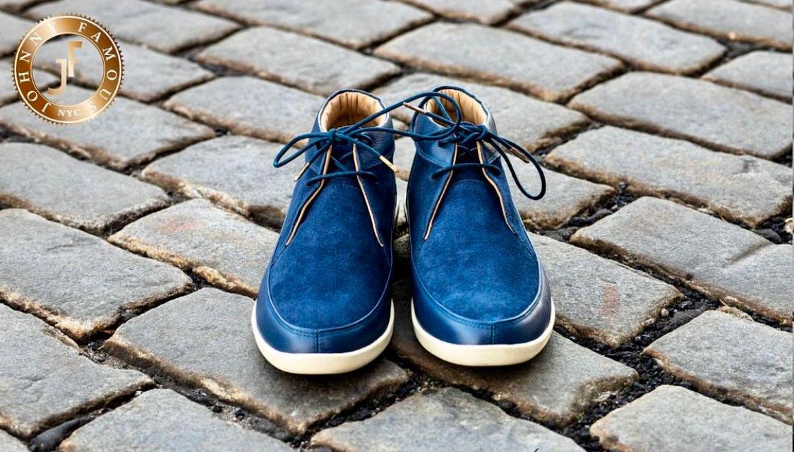 Johnny FamouS Bally Style Central Park Men’s High Tops – Navy Blue Suede And Leather – Vintage 80s Vibe Shoes by Johnny Famous – Don't Panic Shoes