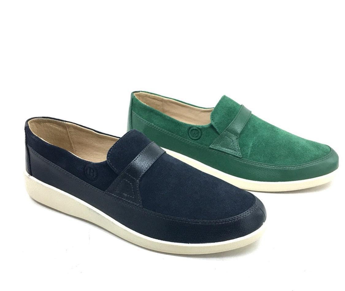 Johnny FamouS Bally Style Tribeca Men’s Slip - Ons – Green Suede And Leather – Vintage 80s Vibe Shoes by Johnny Famous – Don't Panic Shoes