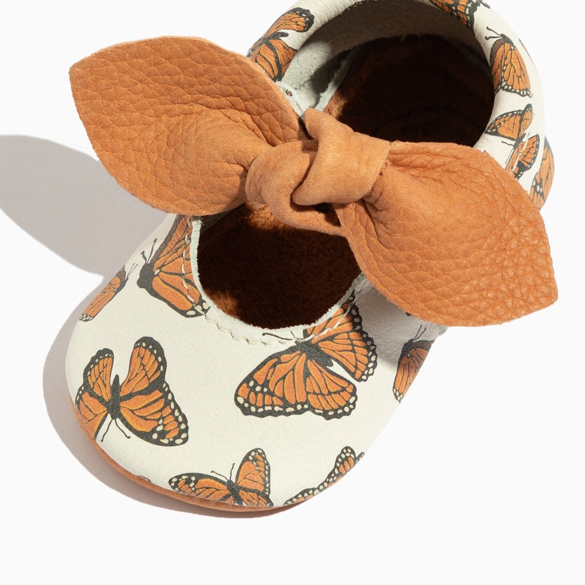 Monarch Butterfly Knotted Bow Baby Shoe Knotted Bow Mocc by Freshly Picked – Don't Panic Shoes