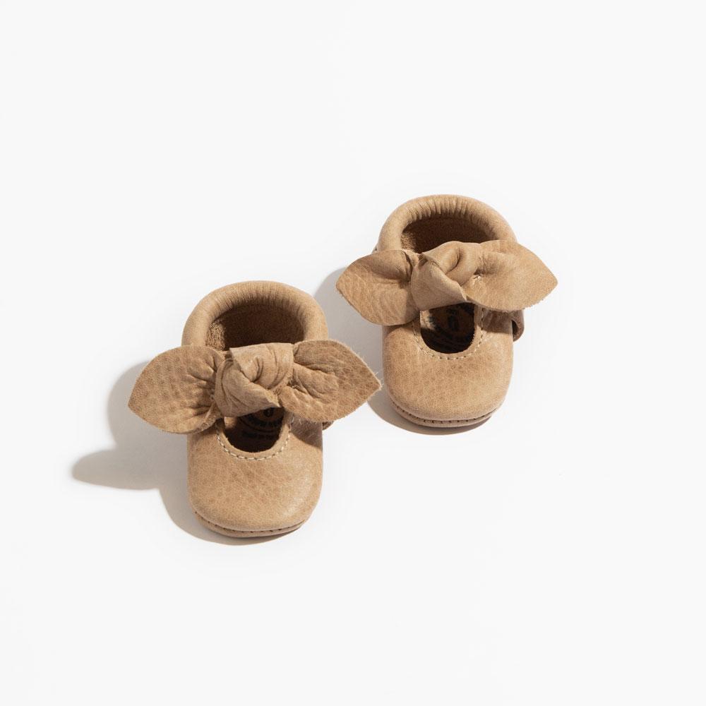 Newborn Weathered Brown Knotted Bow Baby Shoe Knotted Bow Mocc by Freshly Picked – Don't Panic Shoes