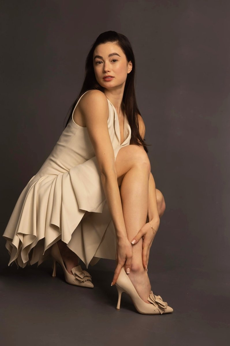 Olga Leather Pump Women’S Almond Toe 70mm Heel Pleated Bow Heels by Beautiisoles – Don't Panic Shoes