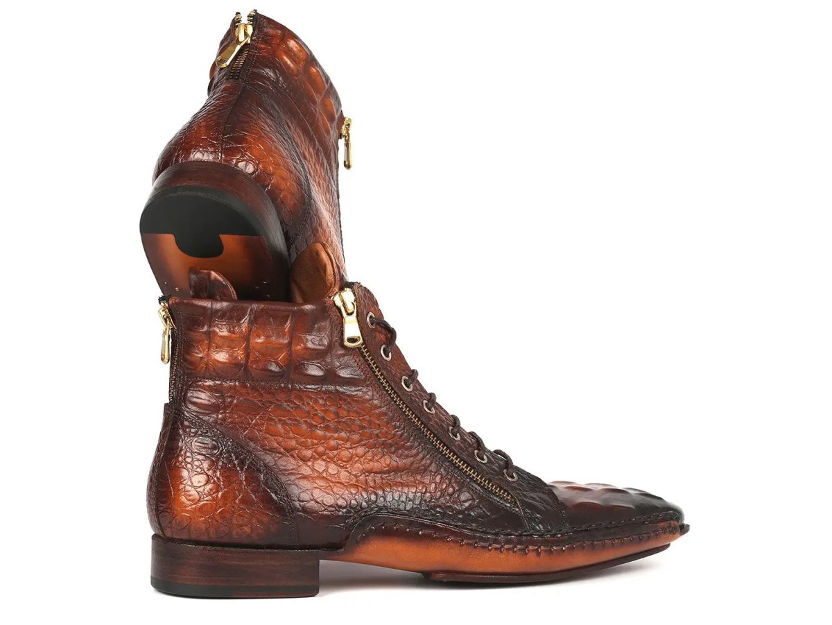 Paul Parkman Croco - Textured CalfskIn Handmade Zipper Boots in Brown Burnished Shoes by Paul Parkman – Don't Panic Shoes