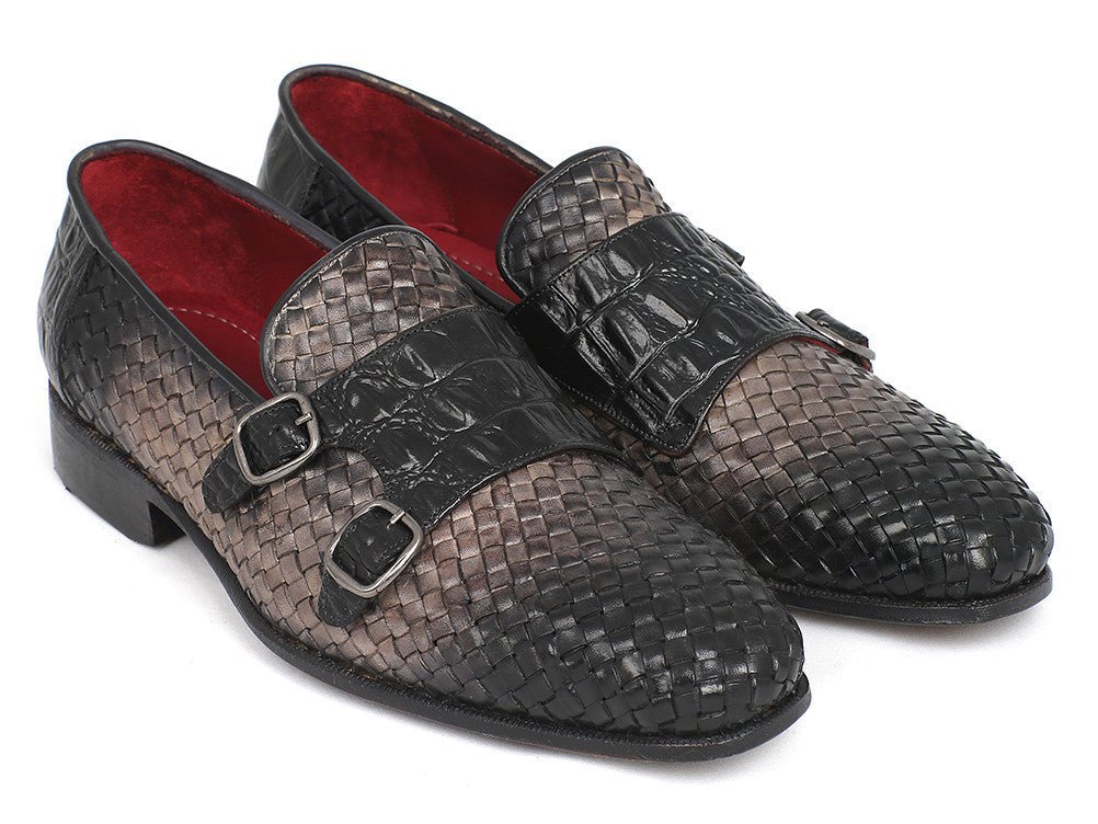 Paul Parkman Gray Woven And Croc Embossed Monkstraps (IdHk588 - Gry) by Paul Parkman – Don't Panic Shoes