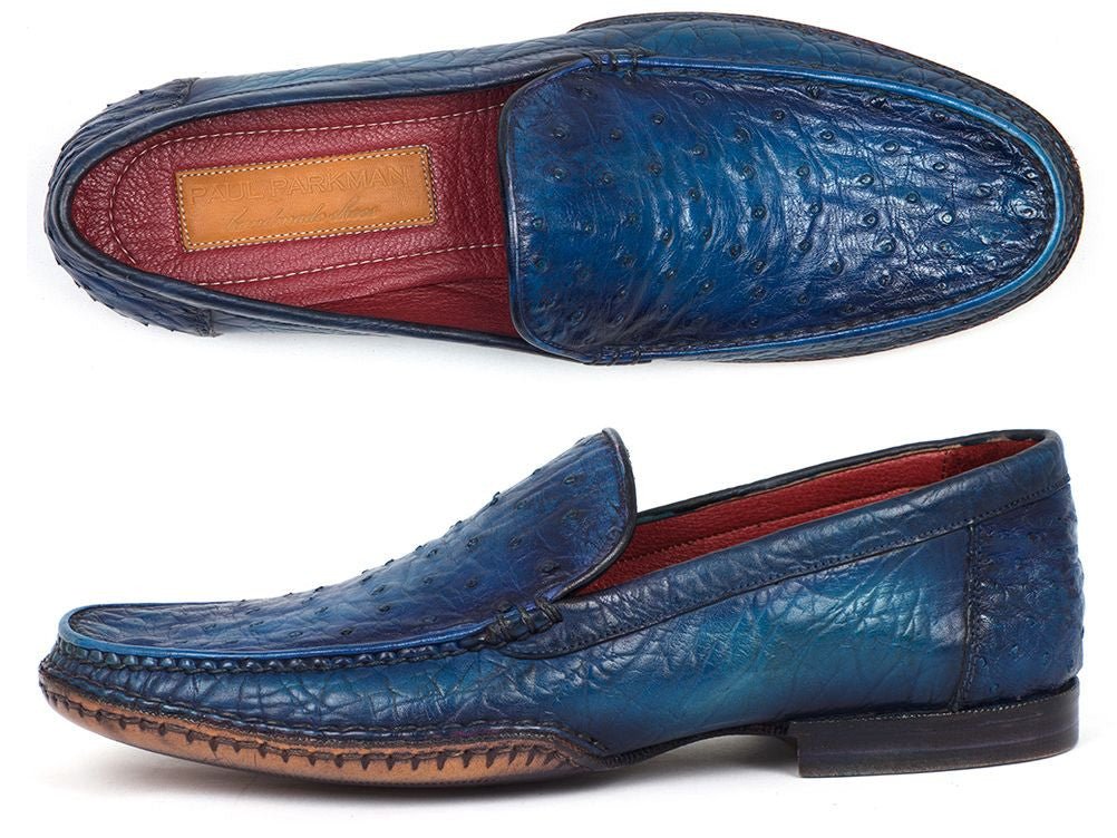 Paul Parkman Men's Blue Genuine Ostrich Opanka Stitched Moccasins (IdYl94opk) Shoes by Paul Parkman – Don't Panic Shoes