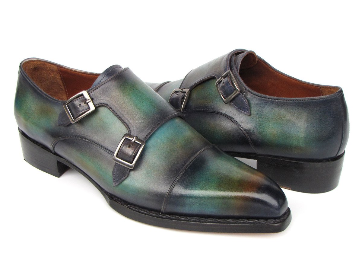 Paul Parkman Men's Cap Toe Double Monkstrap Shoes Green And Blue Patina (Id2598 - 5bg) Shoes by Paul Parkman – Don't Panic Shoes