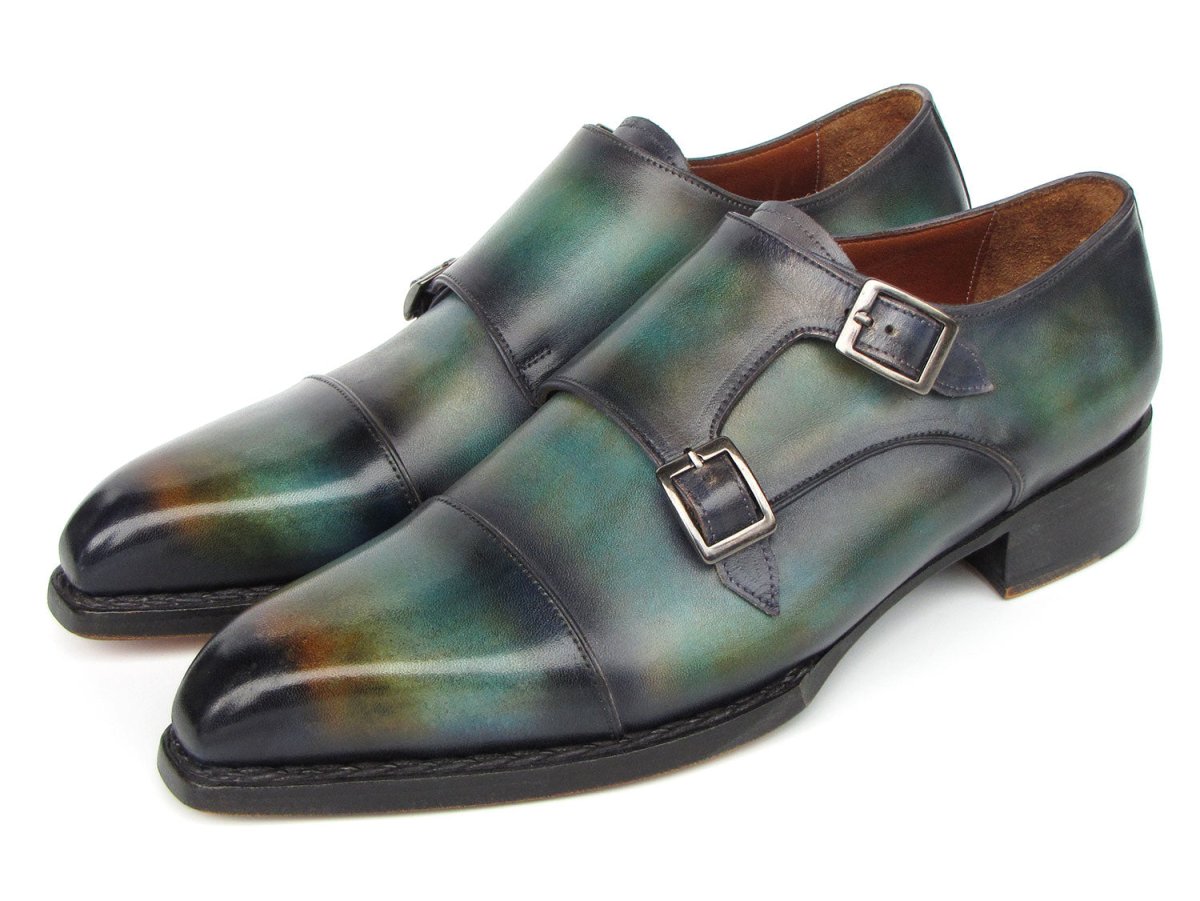 Paul Parkman Men's Cap Toe Double Monkstrap Shoes Green And Blue Patina Shoes by Paul Parkman – Don't Panic Shoes