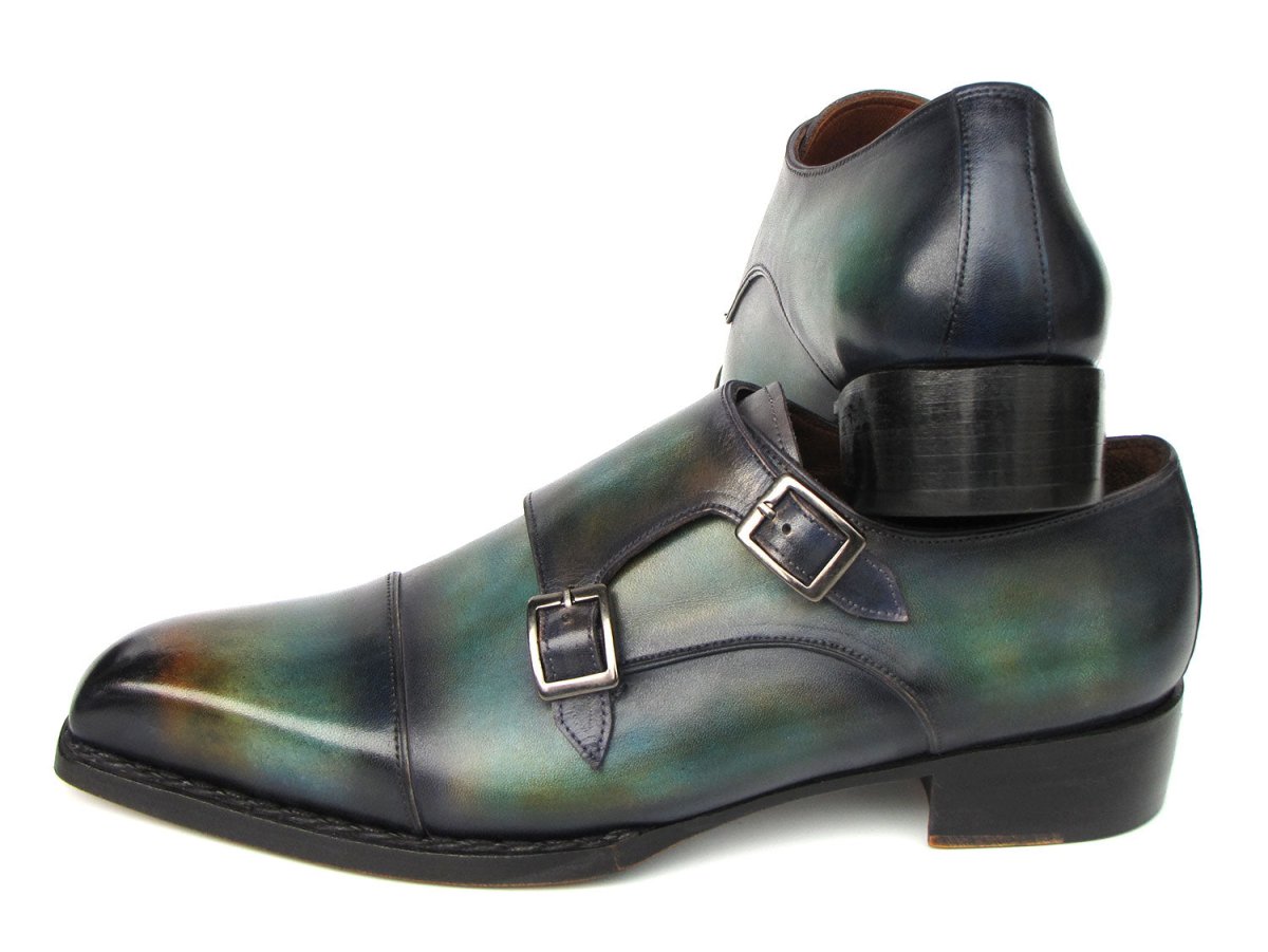 Paul Parkman Men's Cap Toe Double Monkstrap Shoes Green And Blue Patina Shoes by Paul Parkman – Don't Panic Shoes