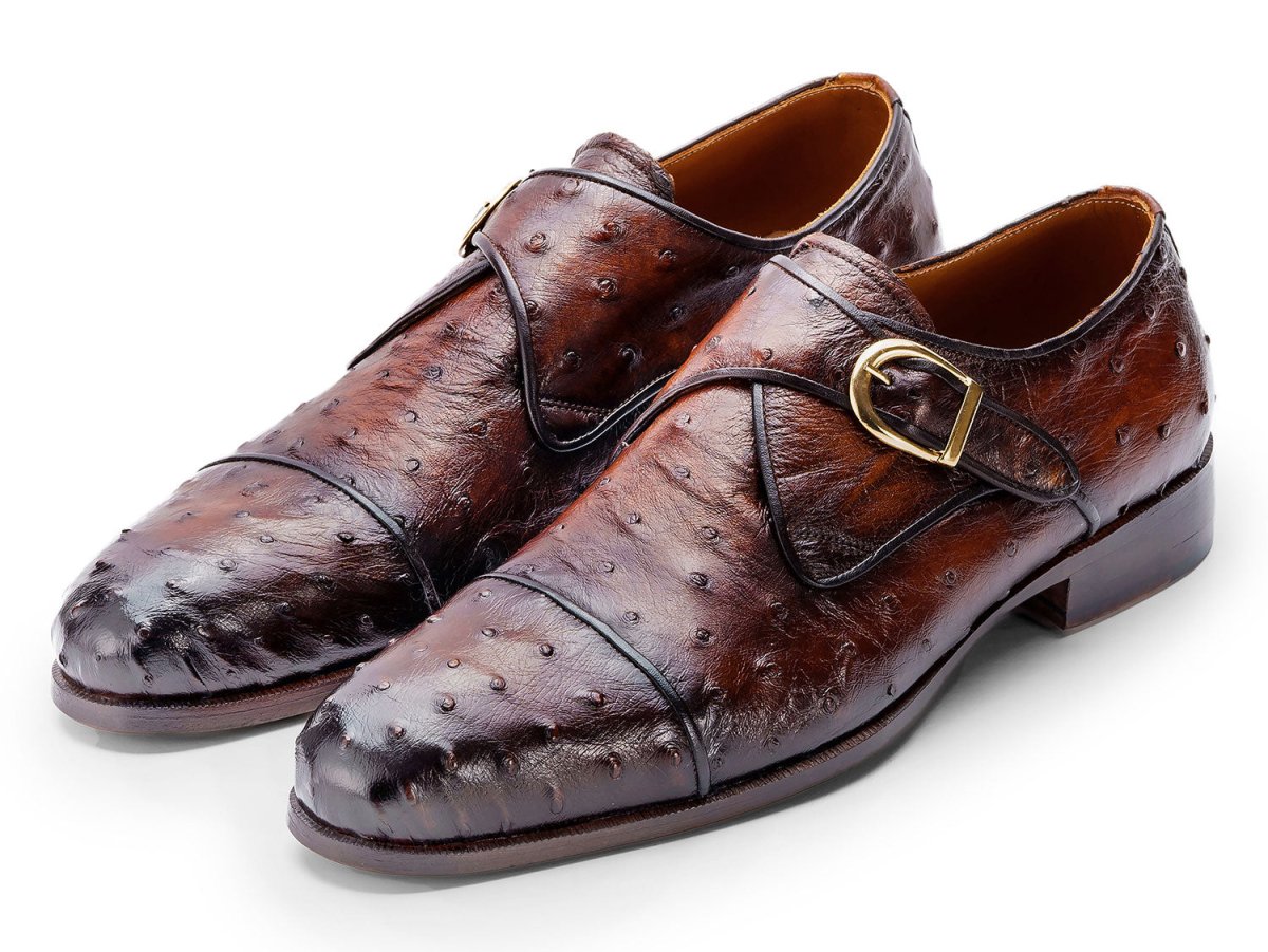 Paul Parkman Men's GenuIne Ostrich Skin Monkstrap Shoes in Brown Shoes by Paul Parkman β Don't Panic Shoes