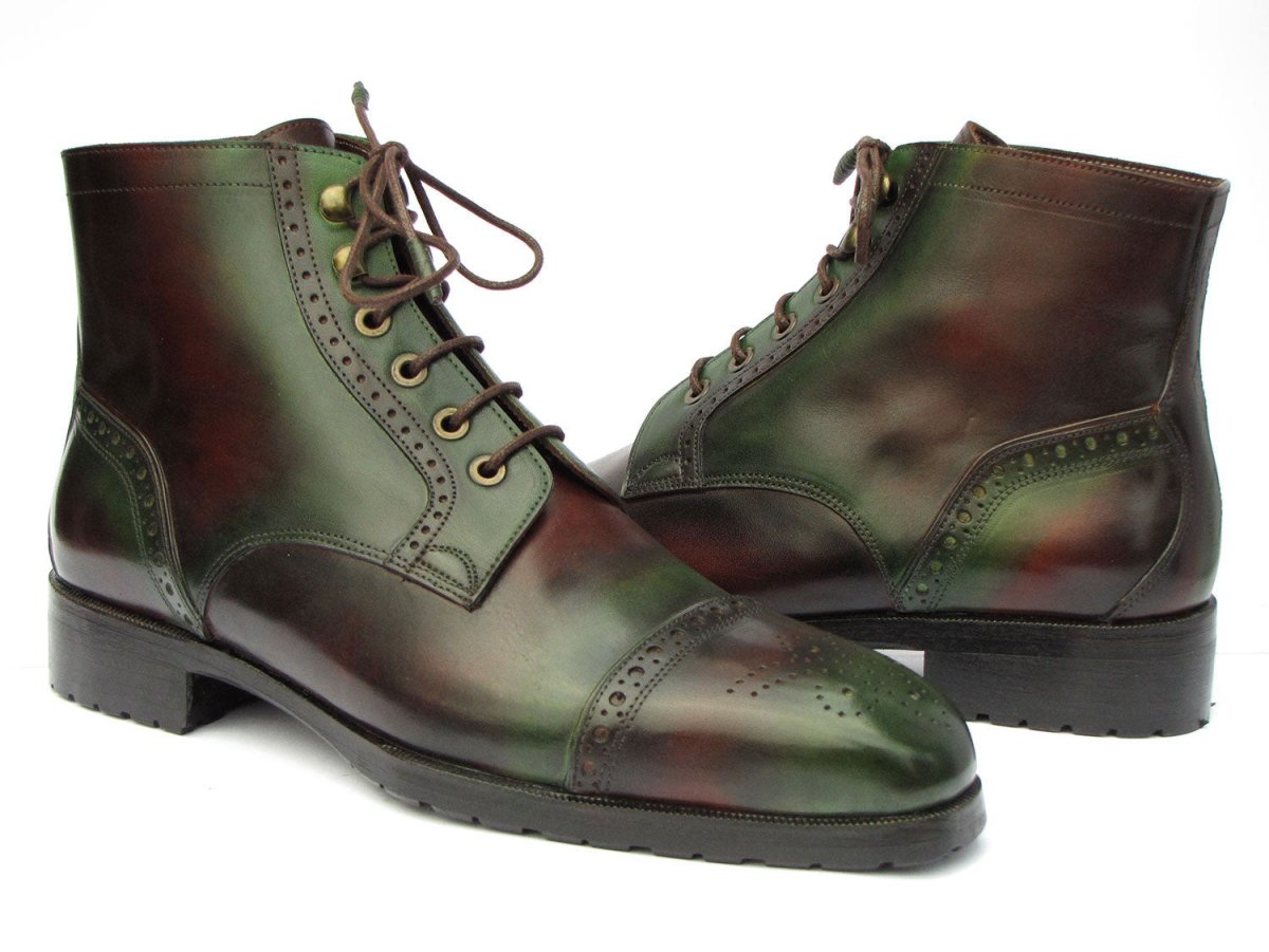 Paul Parkman Men's Green And Brown Hand - Painted Cap Toe Boots Shoes by Paul Parkman – Don't Panic Shoes