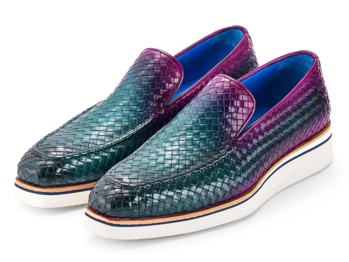 Paul Parkman Men's Smart Casual Woven Leather Loafers In Green And Purple Shoes by Paul Parkman – Don't Panic Shoes