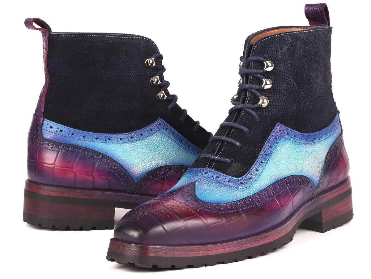 Paul Parkman Men's WIngtip Rubber Sole Boots in Purple, Light Blue And Navy Shoes by Paul Parkman – Don't Panic Shoes