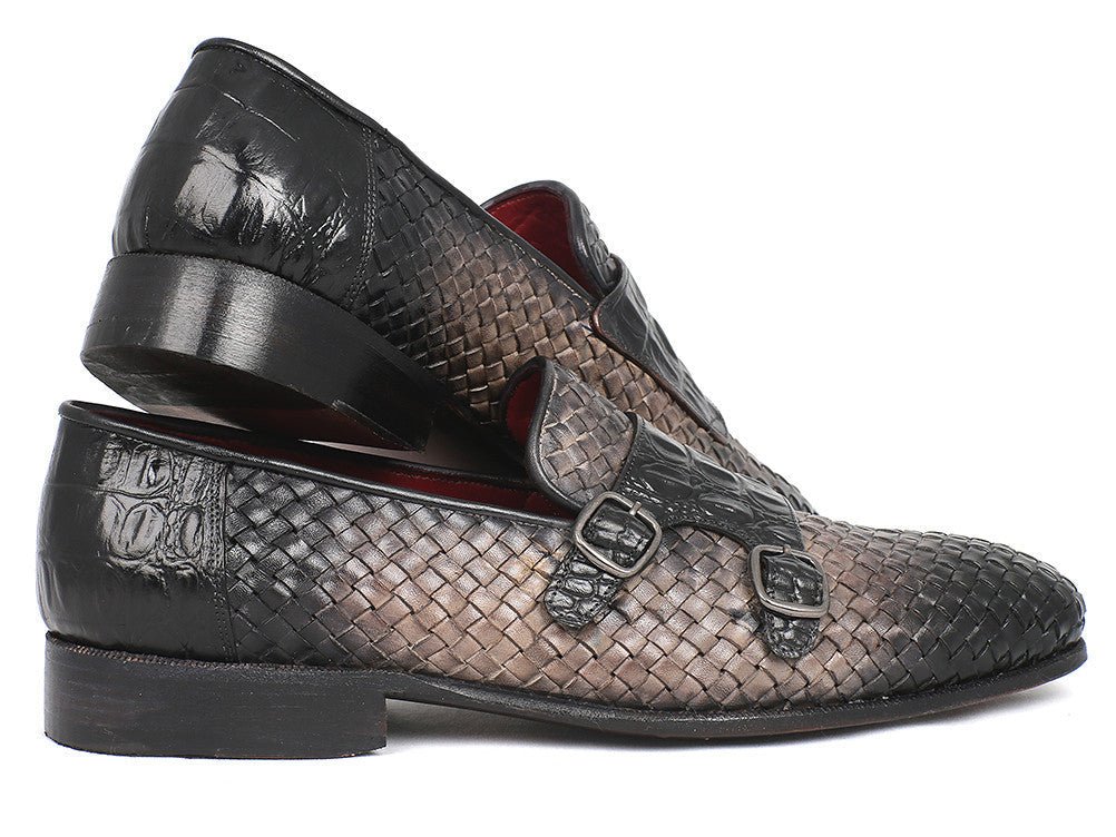 Paul Parkman Men's Woven And Croco - Embossed Leather Monkstraps In Black And Gray Shoes by Paul Parkman – Don't Panic Shoes