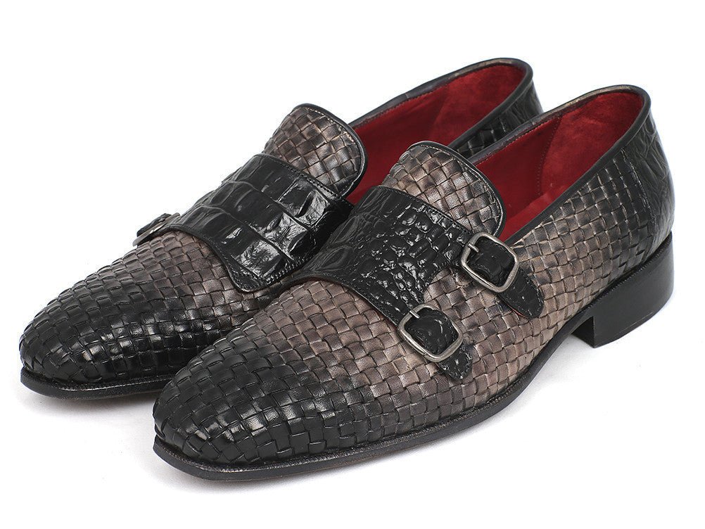 Paul Parkman Men's Woven And Croco - Embossed Leather Monkstraps In Black And Gray Shoes by Paul Parkman – Don't Panic Shoes