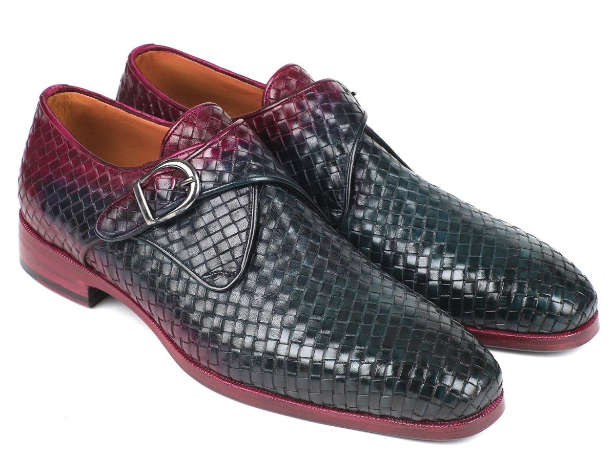 Paul Parkman Men's Woven Leather SIngle Monkstraps in Purple And Green Shoes by Paul Parkman – Don't Panic Shoes
