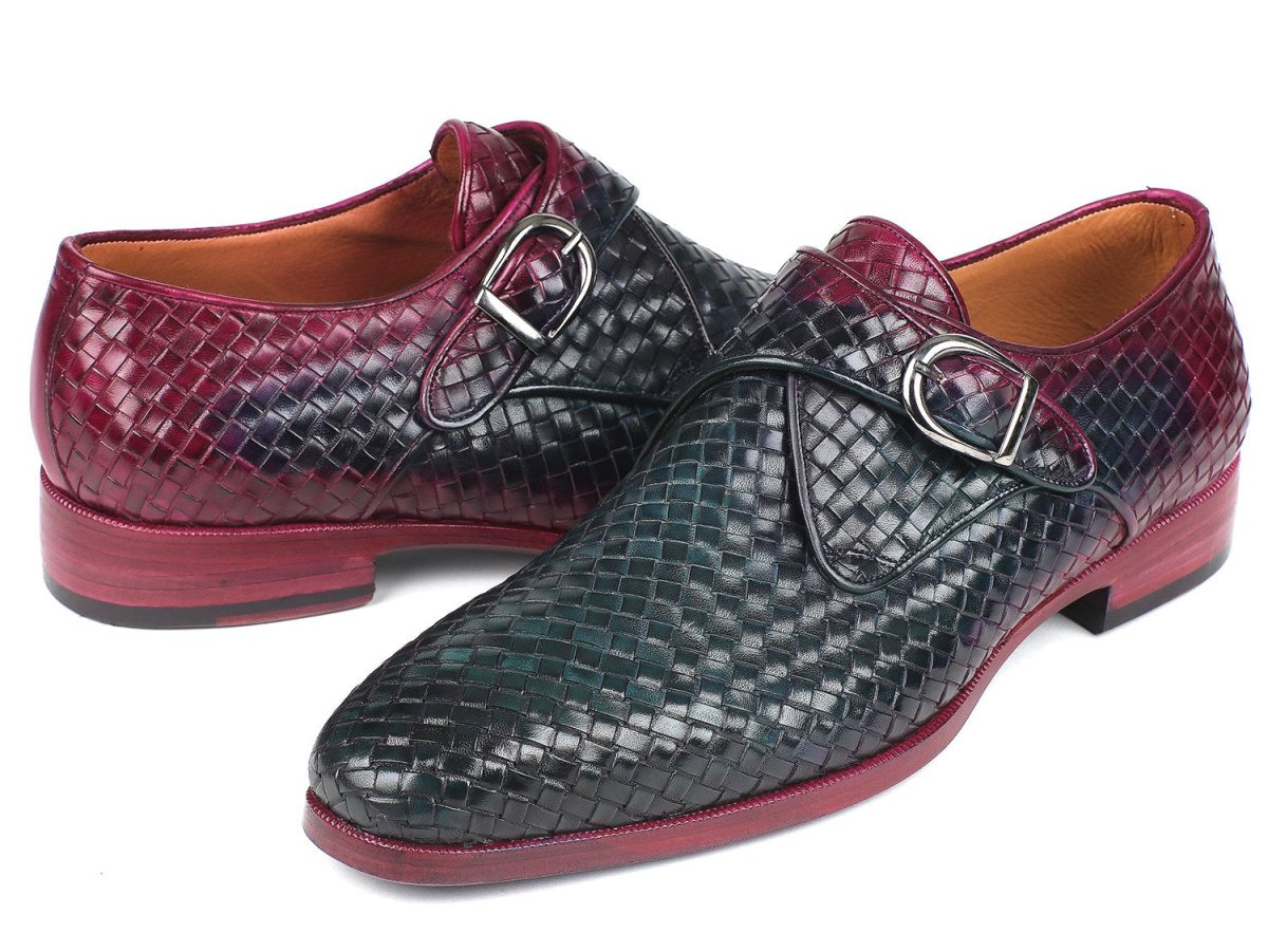 Paul Parkman Men's Woven Leather SIngle Monkstraps in Purple And Green Shoes by Paul Parkman – Don't Panic Shoes