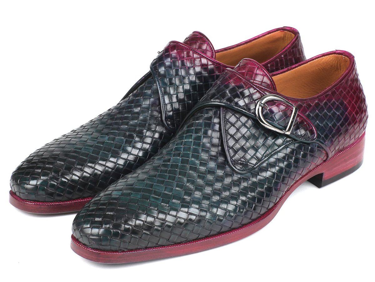 Paul Parkman Men's Woven Leather SIngle Monkstraps in Purple And Green Shoes by Paul Parkman – Don't Panic Shoes