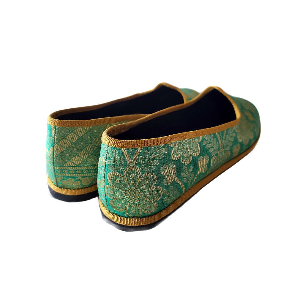 Priya 2 Green Gold Silk Jacquard Embroidered Ballet Flat Slip On by Mar Soreli – Don't Panic Shoes