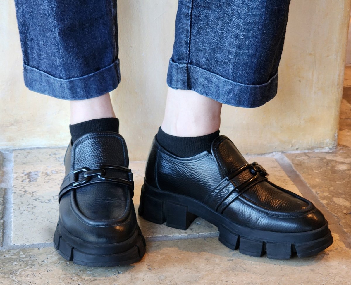 Raquel Leather Shootie Pebbled Leather Lug Sole Chain Bootie by Beautiisoles – Don't Panic Shoes