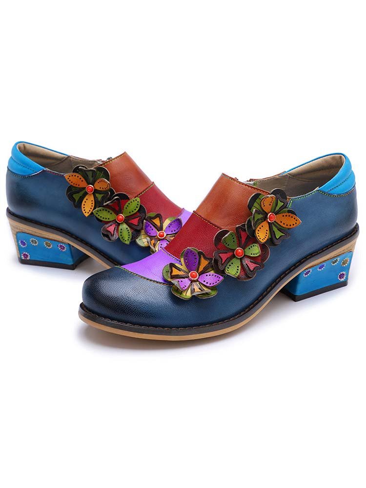 Retro Flowers Splicing Genuine Leather Flat Shoes Flat by Colorstepshoes – Don't Panic Shoes