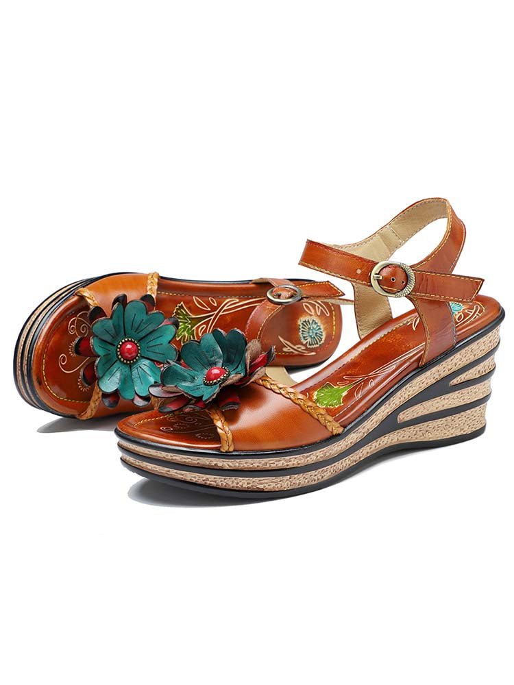 Retro Handmade Floral Wedge Sandals Sandals by Colorstepshoes – Don't Panic Shoes