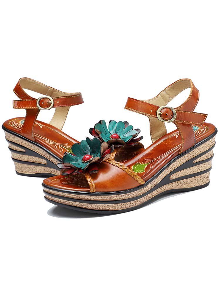 Retro Handmade Floral Wedge Sandals Sandals by Colorstepshoes – Don't Panic Shoes