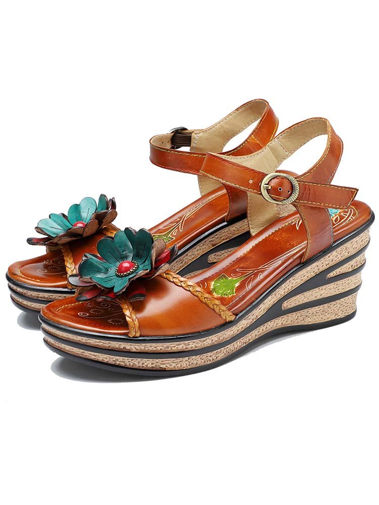 Retro Handmade Floral Wedge Sandals Sandals by Colorstepshoes – Don't Panic Shoes