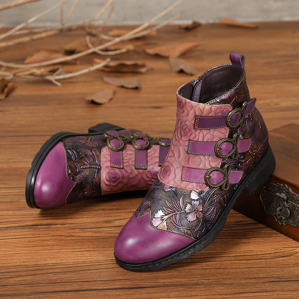 Retro Handmade Leather Painted Floral Flats Boots Booties by Colorstepshoes – Don't Panic Shoes