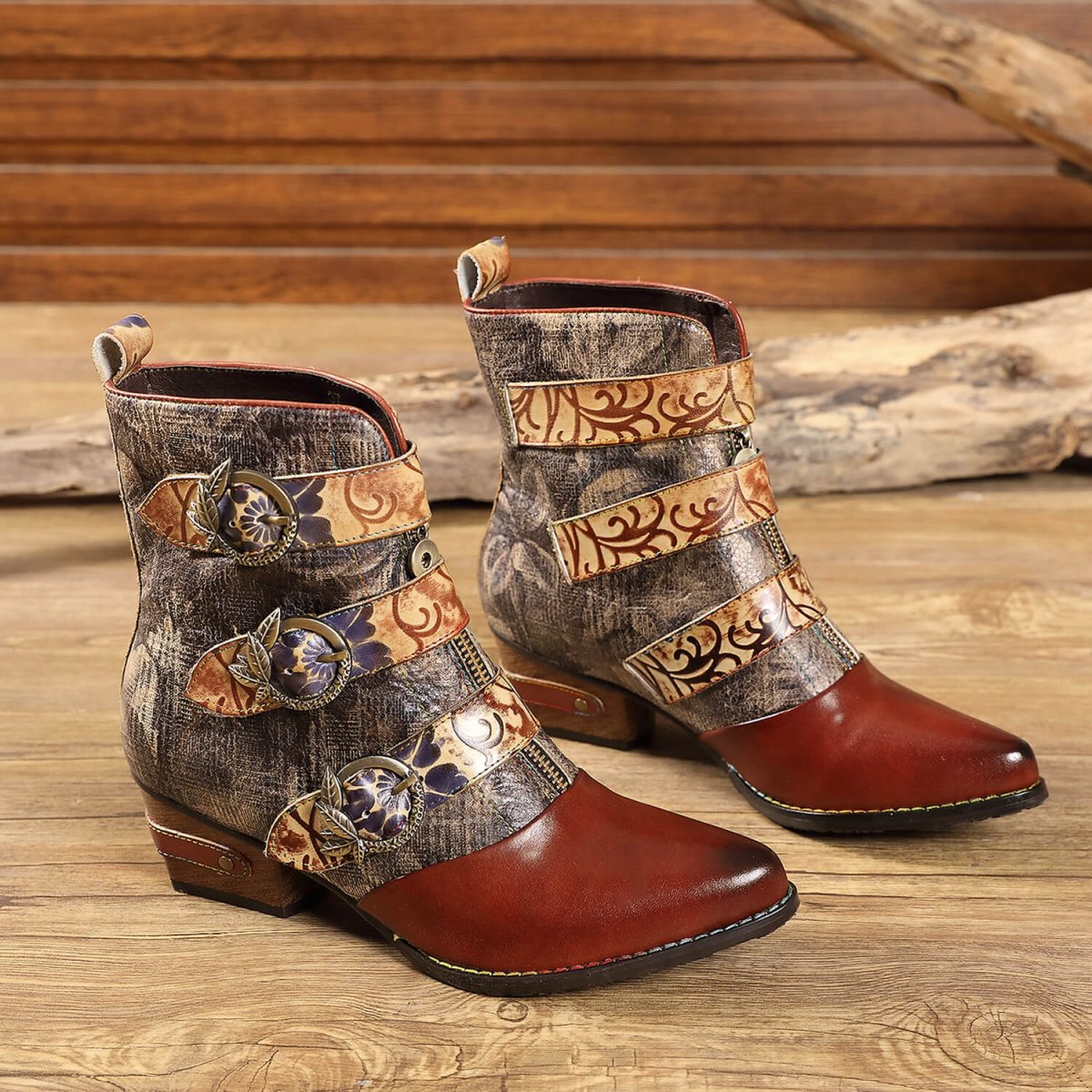 Retro Handmade Vintage Embossed Buckle Leather Boots Booties by Colorstepshoes – Don't Panic Shoes