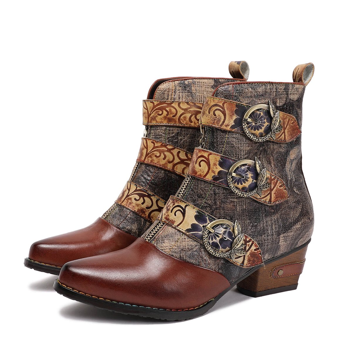 Retro Handmade Vintage Embossed Buckle Leather Boots Booties by Colorstepshoes – Don't Panic Shoes