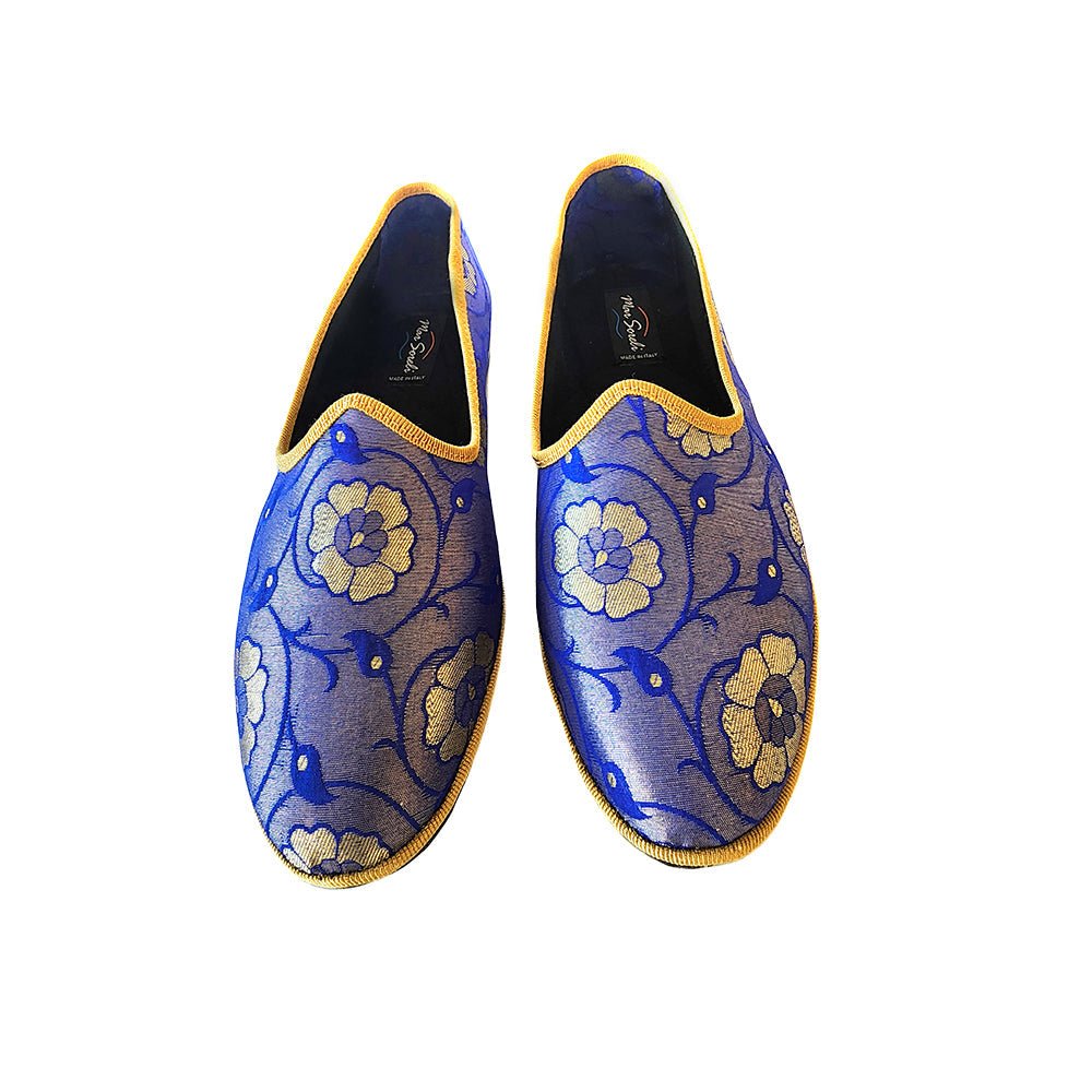 Sangeet Royal Womens Royal Blue Silk Jacquard Embroidered Slip On by Mar Soreli – Don't Panic Shoes