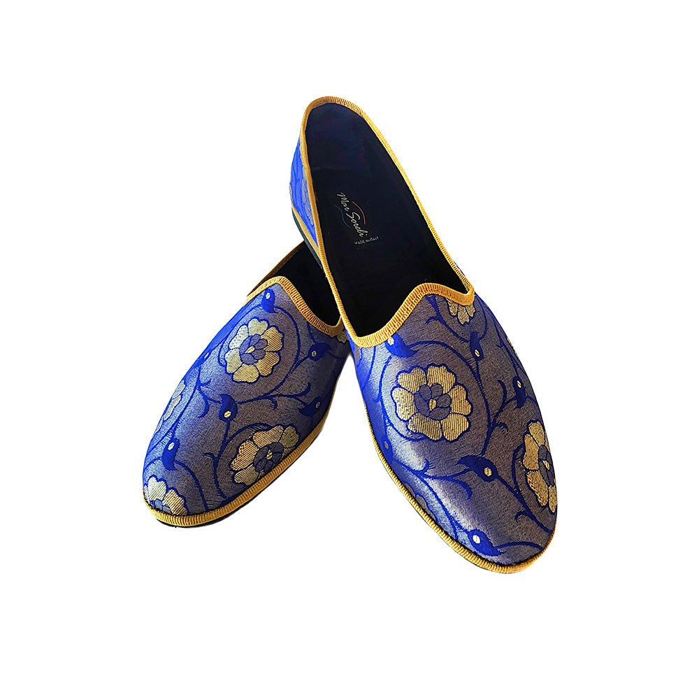 Sangeet Royal Womens Royal Blue Silk Jacquard Embroidered Slip On by Mar Soreli – Don't Panic Shoes
