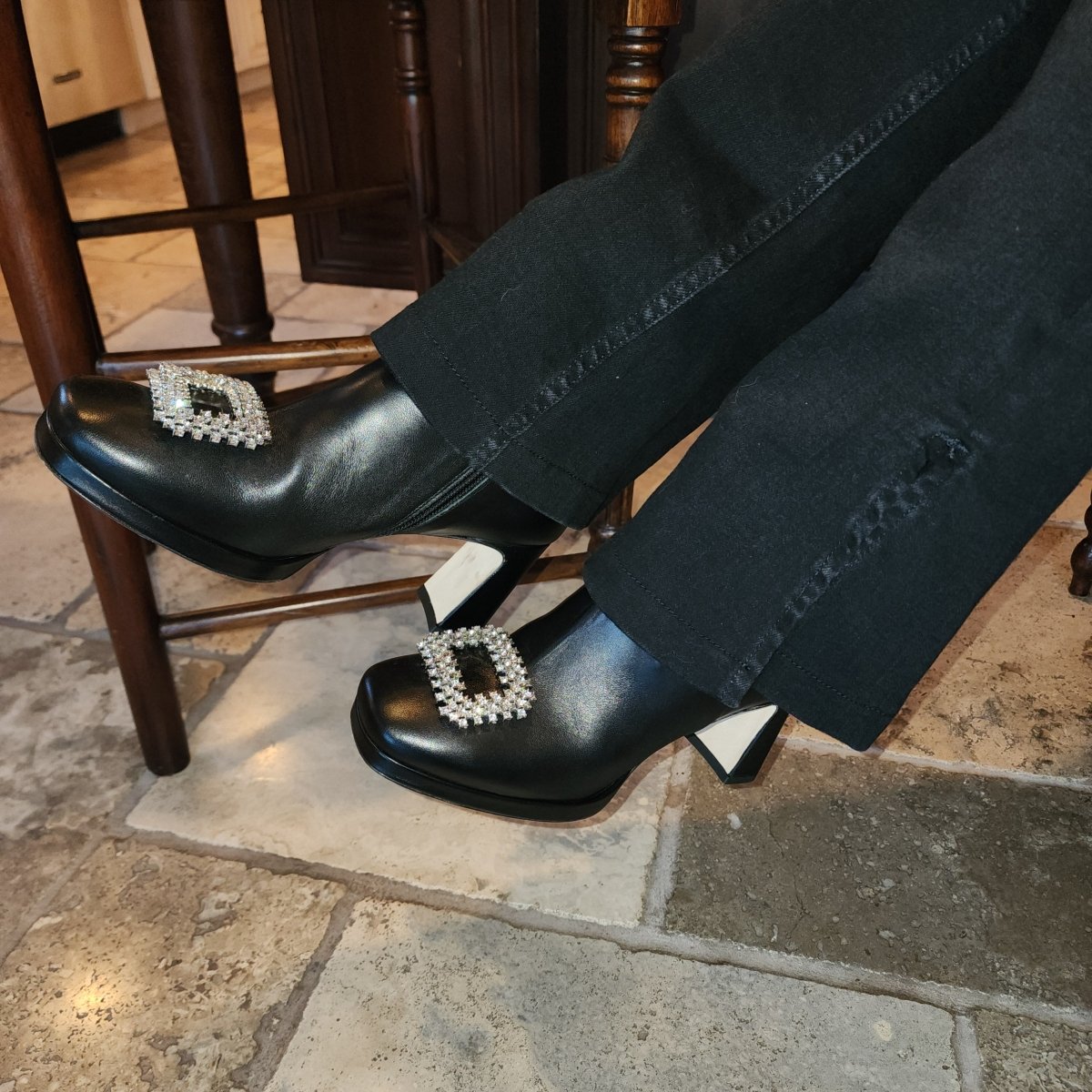 Scarlet Women’S Black Leather Rhinestone Buckle Bootie 3inch Boots by Beautiisoles – Don't Panic Shoes