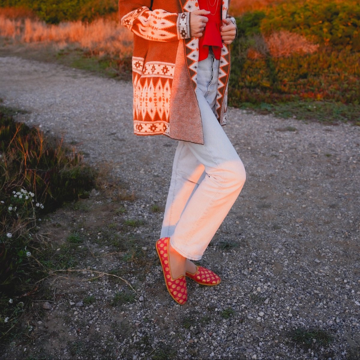 Surya Friulana Flat Women’S Silk Jacquard Rosso Oro Slip On by Mar Soreli – Don't Panic Shoes