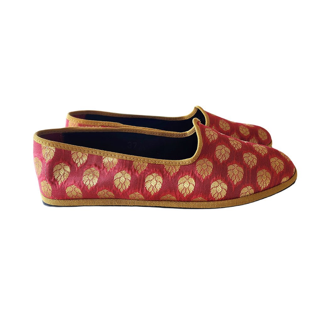 Surya Friulana Flat Women’S Silk Jacquard Rosso Oro Slip On by Mar Soreli – Don't Panic Shoes