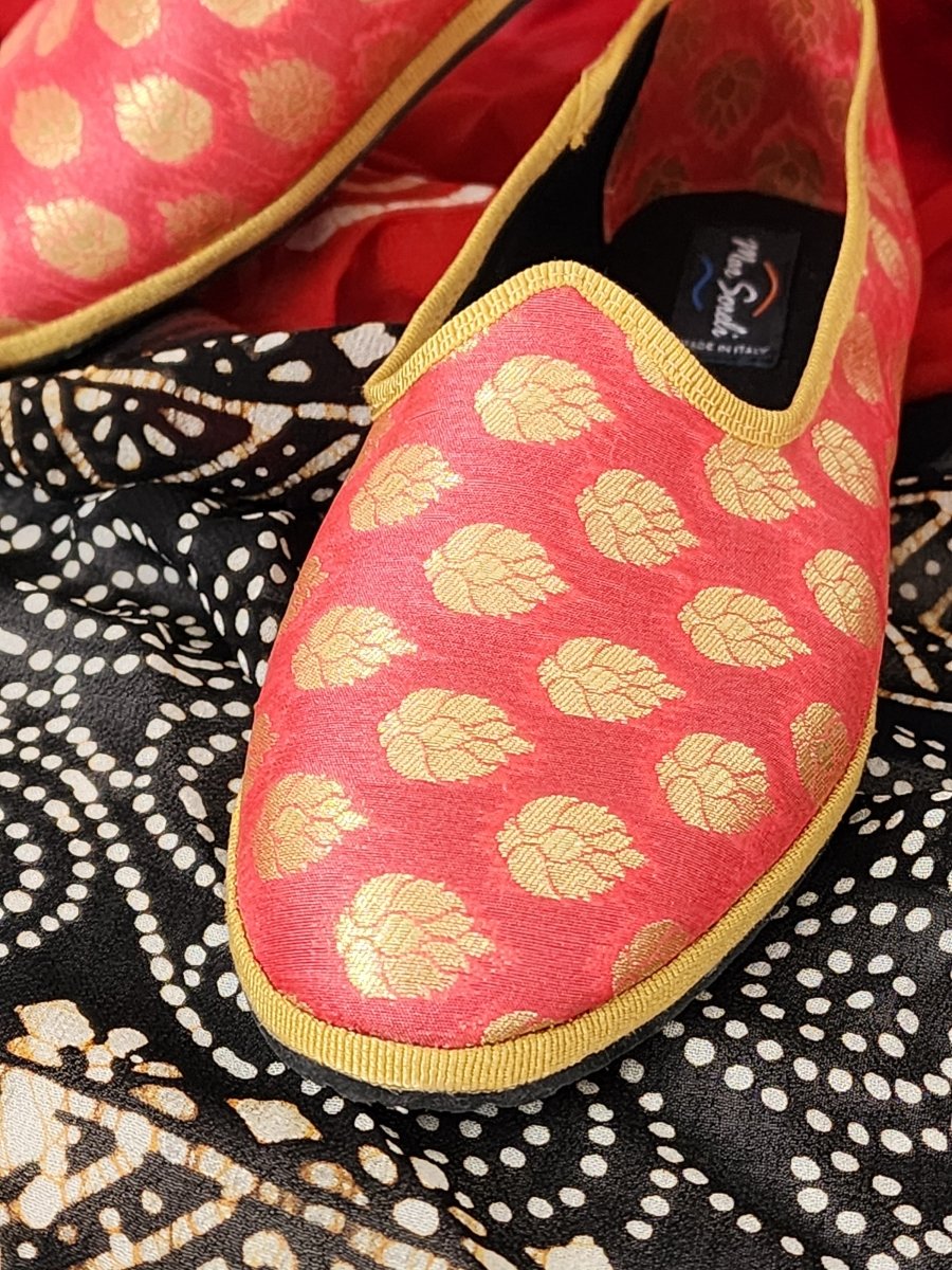 Surya Friulana Flat Women’S Silk Jacquard Rosso Oro Slip On by Mar Soreli – Don't Panic Shoes