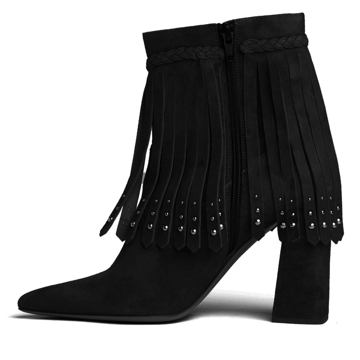 Tal Ankle Suede Fringe Bootie Women’S Black Suede Block Heel Boots by Beautiisoles – Don't Panic Shoes