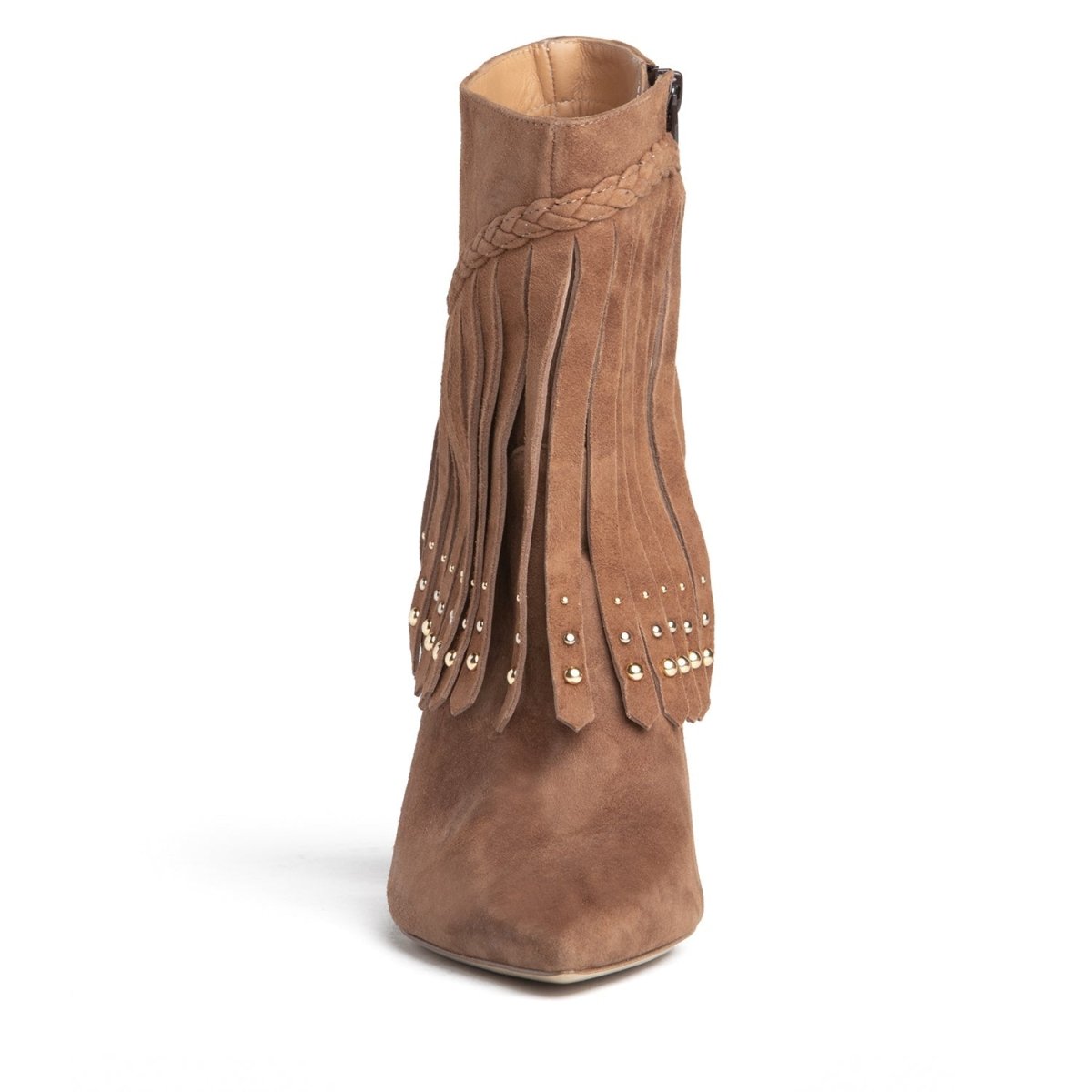 Tal Ankle Suede Fringe Bootie Women’S Brown Suede 76mm Heel Boots by Beautiisoles – Don't Panic Shoes
