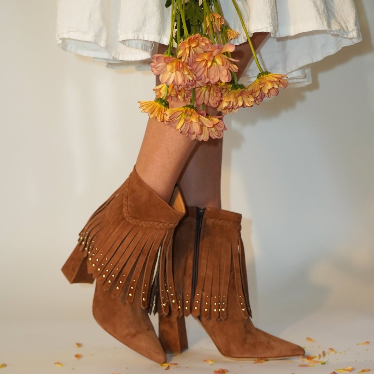 Tal Ankle Suede Fringe Bootie Women’S Brown Suede 76mm Heel Boots by Beautiisoles – Don't Panic Shoes
