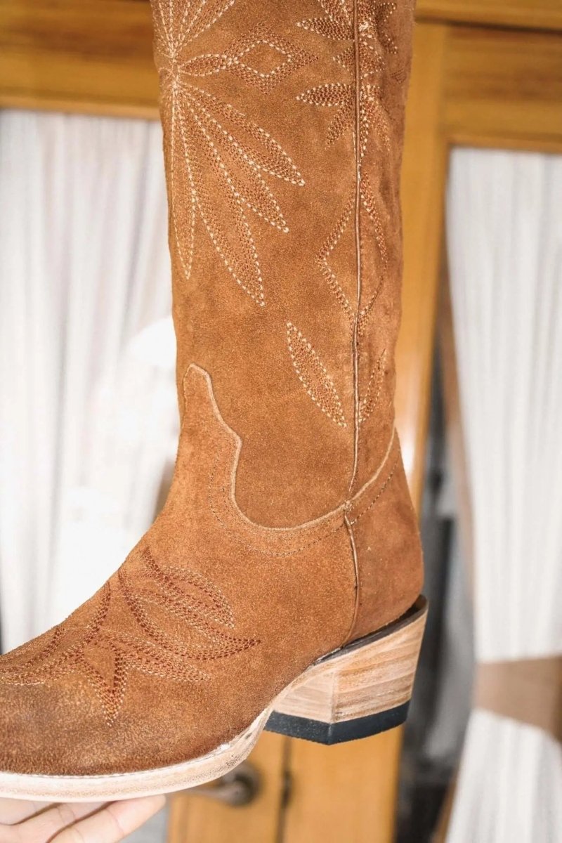 The Lorraine Knee - High Western Boots – Camel Suede by Stiefeld Boots – Don't Panic Shoes