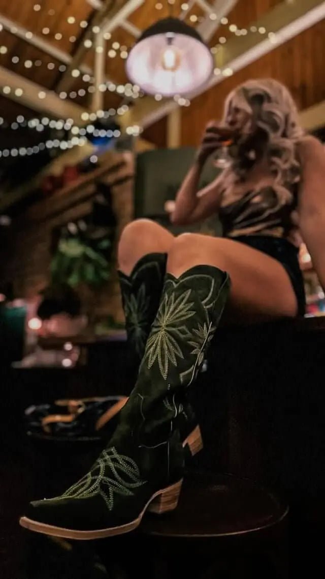 The Lorraine Knee - High Western Boots – Olive Suede by Stiefeld Boots – Don't Panic Shoes