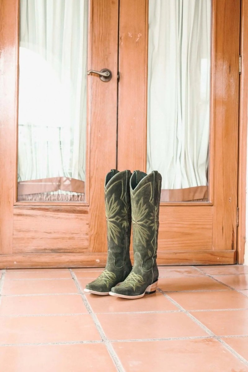 The Lorraine Knee - High Western Boots – Olive Suede by Stiefeld Boots – Don't Panic Shoes