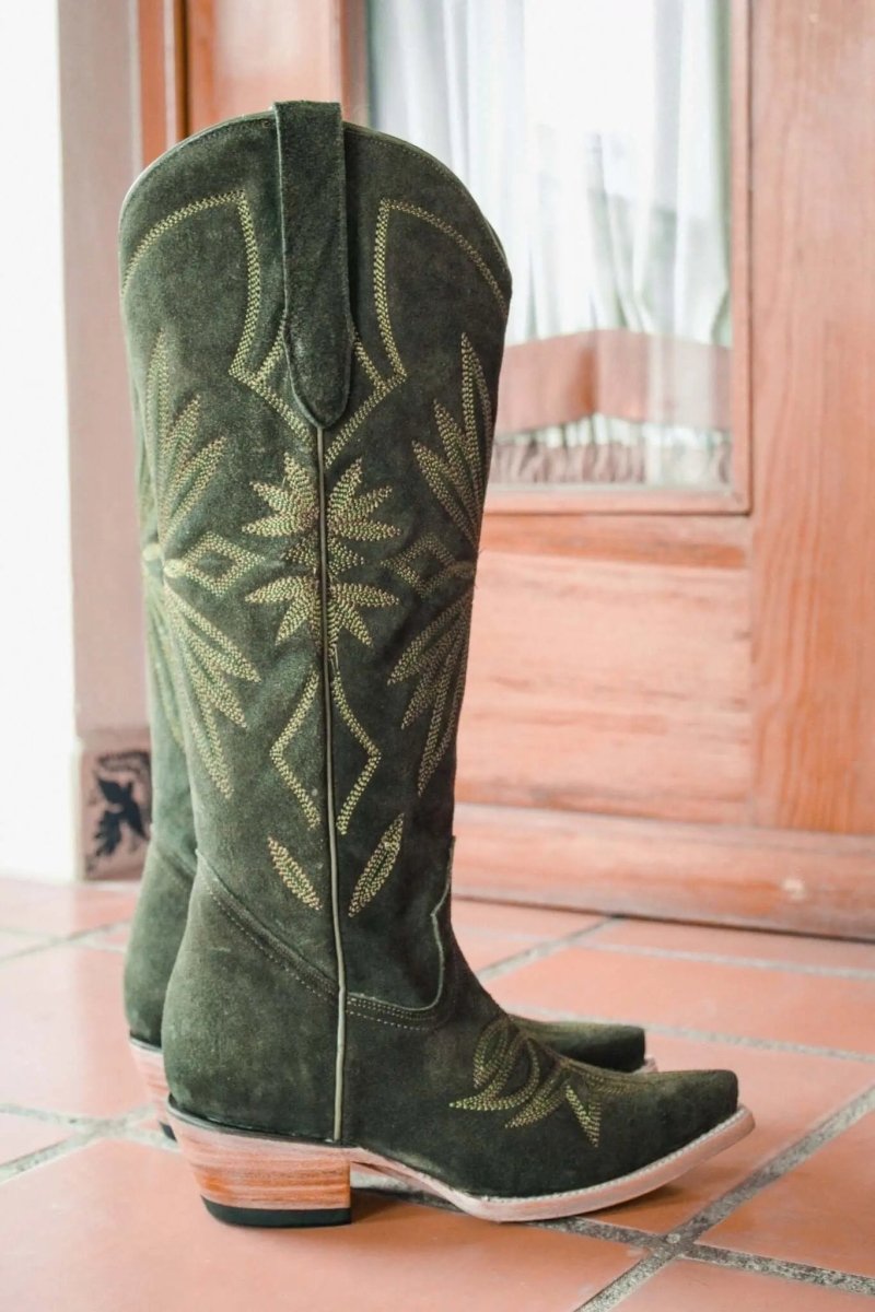 The Lorraine Knee - High Western Boots – Olive Suede by Stiefeld Boots – Don't Panic Shoes