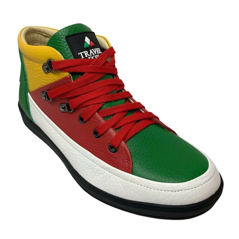 Travel Fox Men's Leather High Top Sneakers – Red, Green, White, Yellow, Black (916103 - 133) Shoes by Travel Fox – Don't Panic Shoes
