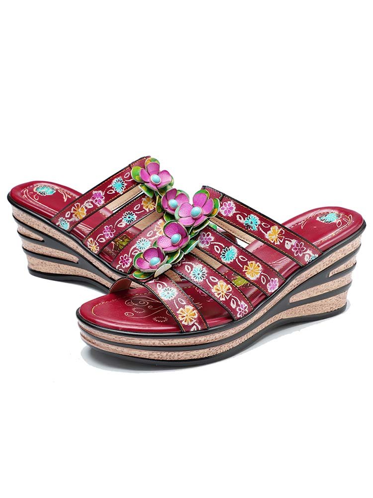 Triple Flowers Purle Wedge Slippers Sandals by Colorstepshoes – Don't Panic Shoes