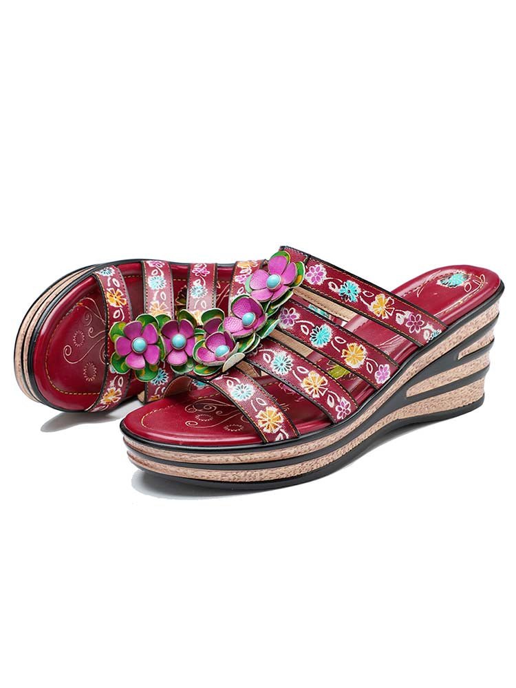 Triple Flowers Purle Wedge Slippers Sandals by Colorstepshoes – Don't Panic Shoes