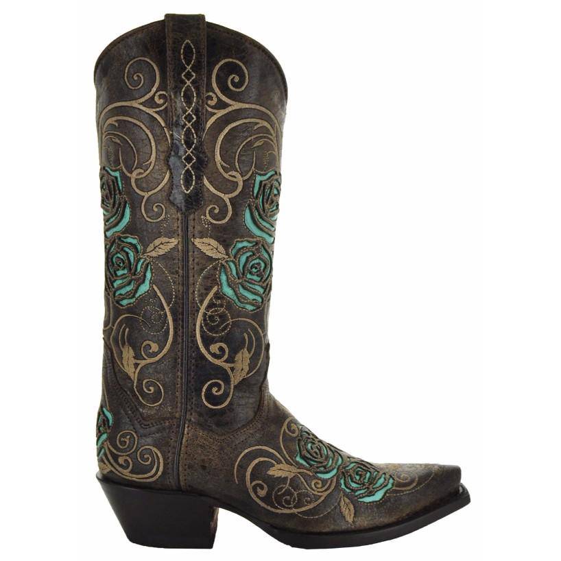 Turquoise Rose Inlayed Women's Cowgirl Boots (M50032) Cowgirl Boots by Soto Boots – Don't Panic Shoes