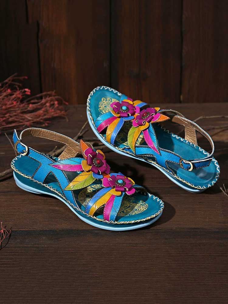 Vintage Embossing Flowers Leather Stitching Sandals Sandals by Colorstepshoes – Don't Panic Shoes