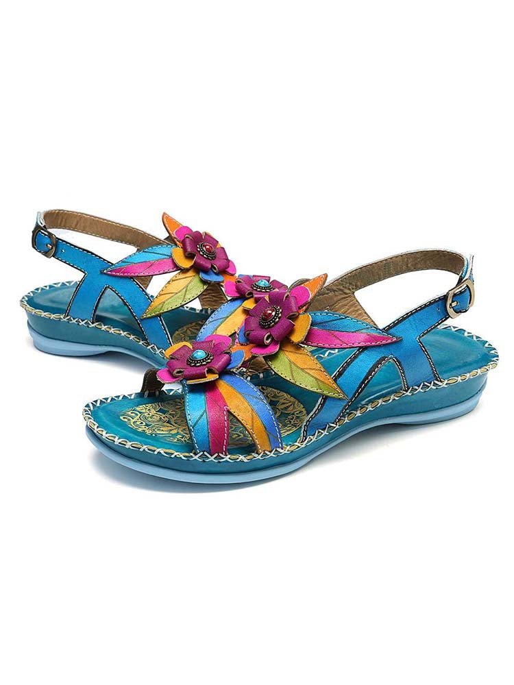 Vintage Embossing Flowers Leather Stitching Sandals Sandals by Colorstepshoes – Don't Panic Shoes